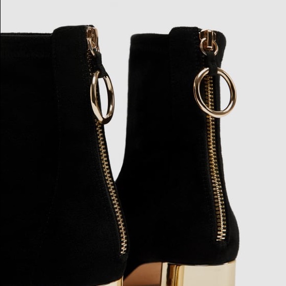 SOLD!! Zara Black Ankle Boots Gold Metallic Heel - Picture 4 of 8